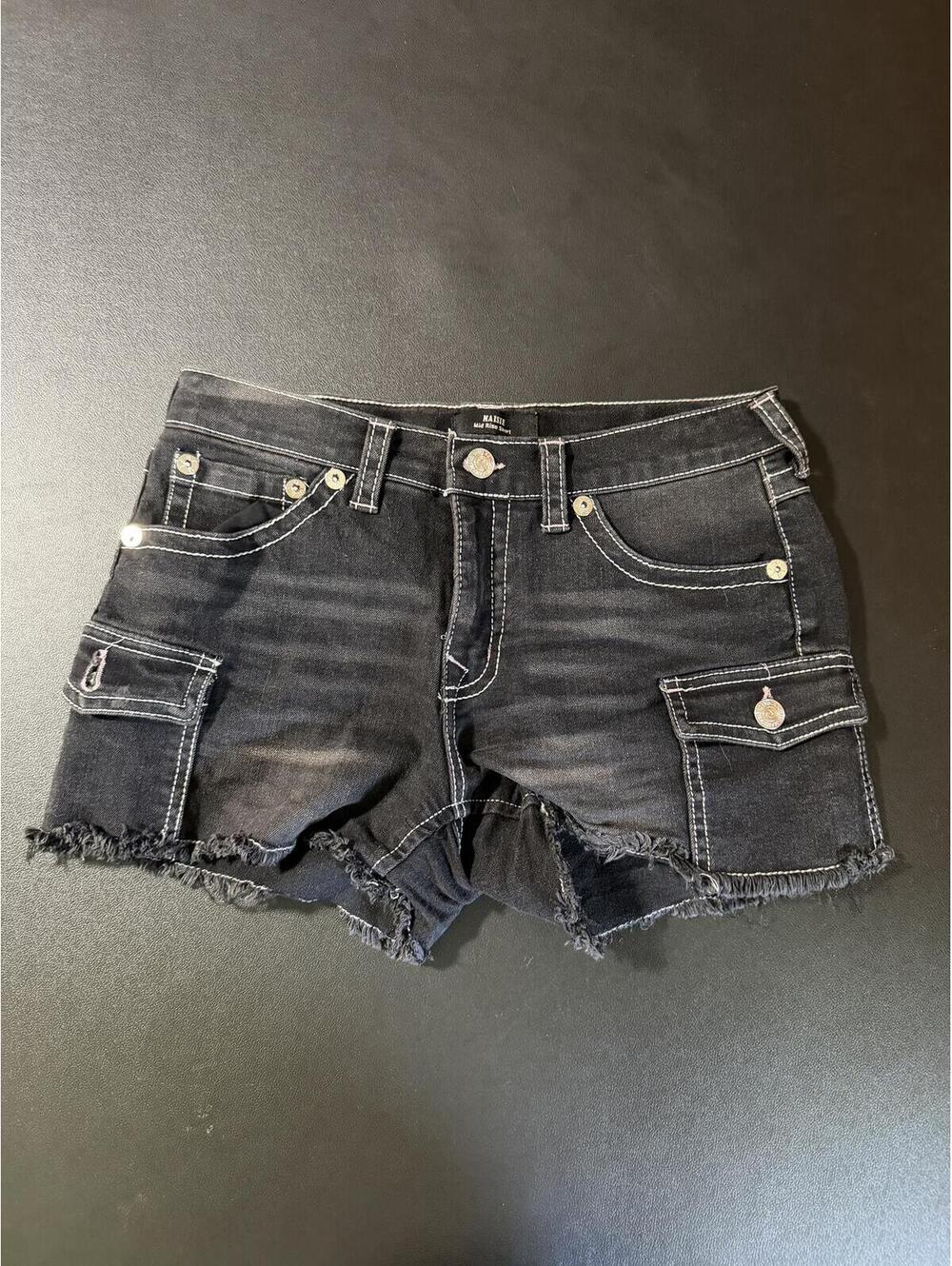 True Religion Girls Size 14 Maxie Mid Rise Black Cargo Denim Shorts Pink Stitch